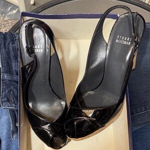 Stuart Weitzman Glossy Black Peep-Toe Heels